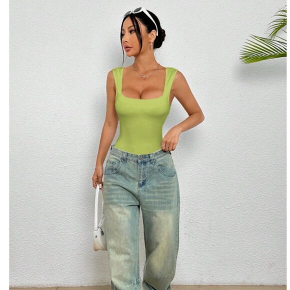 NWT Petite Solid Square Neck Tank Lime Green Bodysuit Size Large - Picture 5 of 8